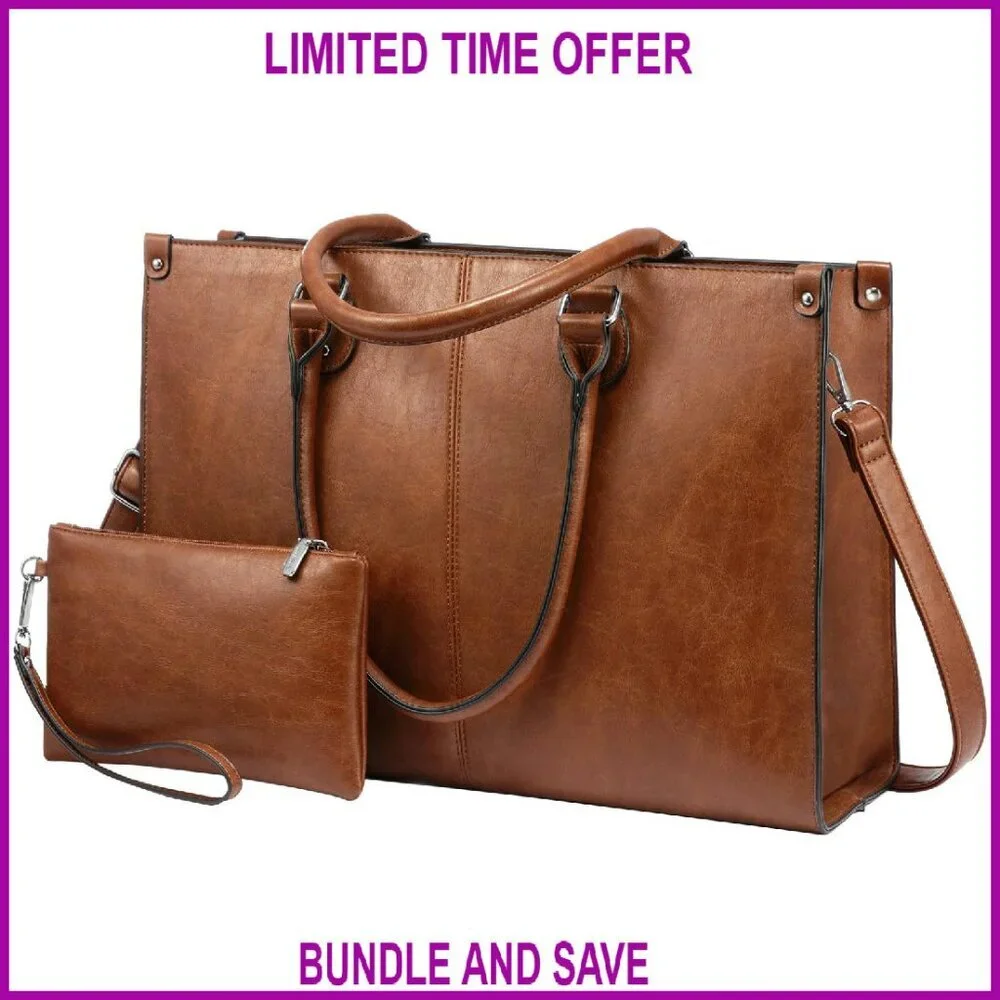 15.6 Inch Laptop Tote Bag, Vintage Vegan Leather, 12 Compartments, Adjustable